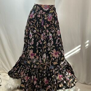Provence‎ d'amour Floral Maxi Skirt Womens Bohemian Ruffle Hem Black Multicolor